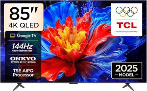 TCL 85-Inch P8K QLED 4K Smart TV (85P8K – 2025 Model) | 144Hz Native | Google TV | HDR10+ | Dolby Atmos | DTS Virtual:X | ONKYO 2.1 Hi-Fi | Game Master | Black