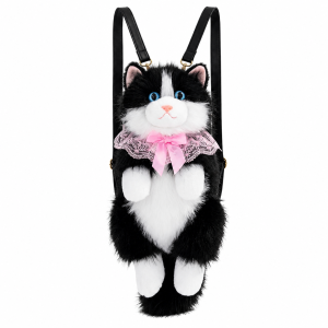 Plush Cat Backpack With Adjustable Straps Black | Luxury-Inspired Realistic Faux Fur Kawaii Cat Backpack for Unisex, Cute Casual Bag
