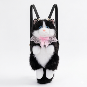 Plush Cat Backpack With Adjustable Straps Black | Luxury-Inspired Realistic Faux Fur Kawaii Cat Backpack for Unisex, Cute Casual Bag
