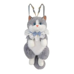 Plush Cat Backpack With Adjustable Straps Grey | Luxury-Inspired Realistic Faux Fur Kawaii Cat Backpack for Unisex, Cute Casual Bag