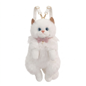 Plush Cat Backpack With Adjustable Straps White | Luxury-Inspired Realistic Faux Fur Kawaii Cat Backpack for Unisex, Cute Casual Bag